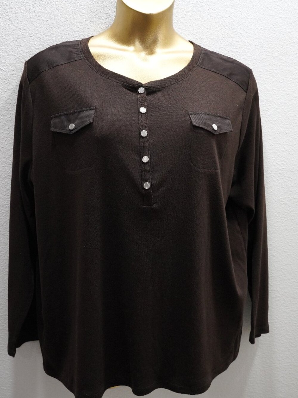 Lauren Ralph Lauren Brown 1/4 Snap Button Cotton Top size 3X NWOT